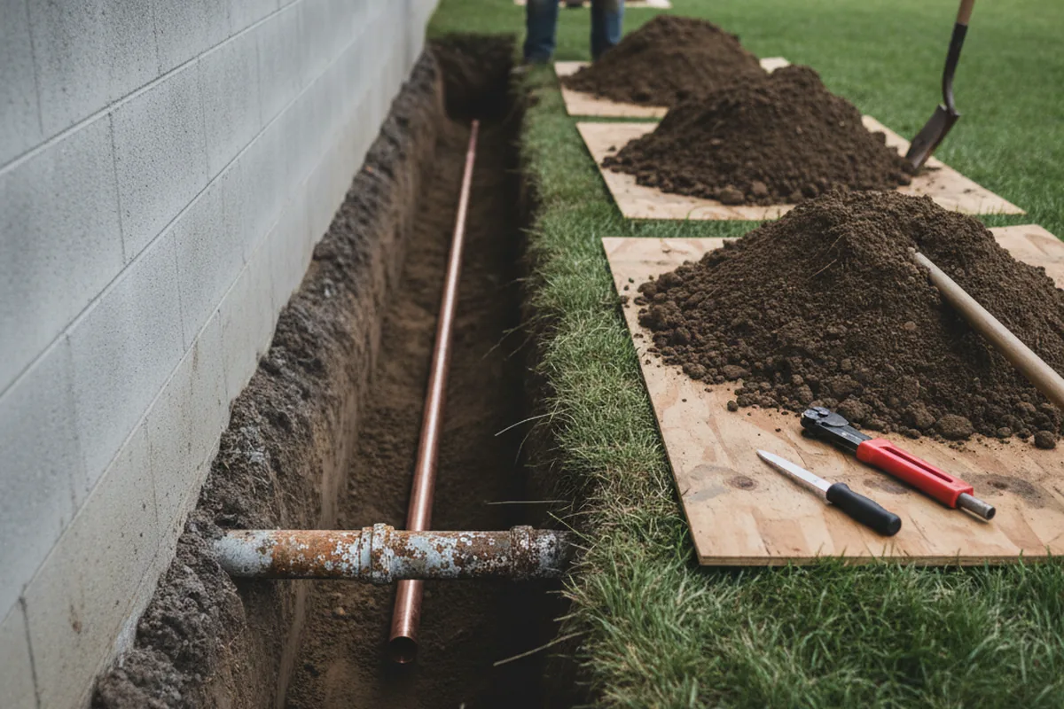 Excavated water line trench during Water Heater Repair in Mount Perry